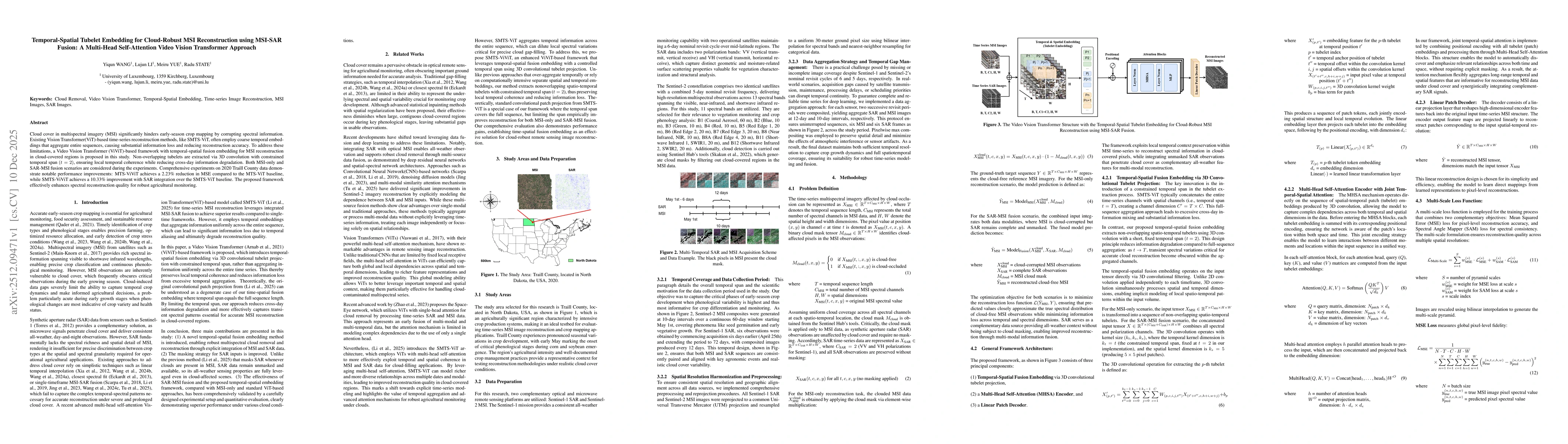 Thumbnail for Temporal-Spatial Tubelet Embedding for Cloud-Robust MSI Reconstruction using MSI-SAR Fusion: A Multi-Head Self-Attention Video Vision Transformer Approach