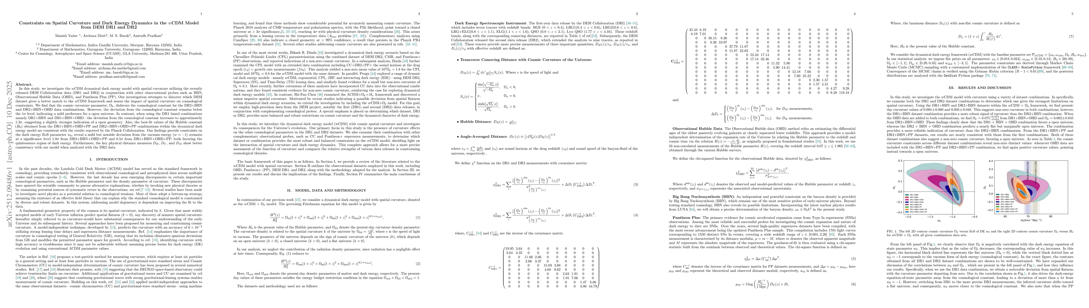 Thumbnail for Constraints on Spatial Curvature and Dark Energy Dynamics in the $w$CDM Model from DESI DR1 and DR2