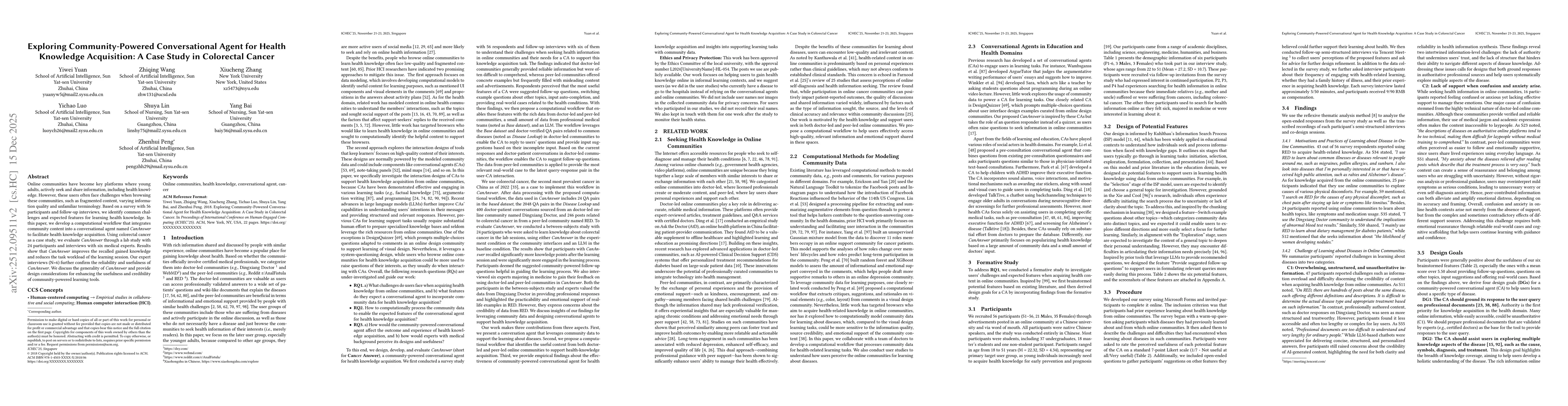 Thumbnail for Exploring Community-Powered Conversational Agent for Health Knowledge Acquisition: A Case Study in Colorectal Cancer