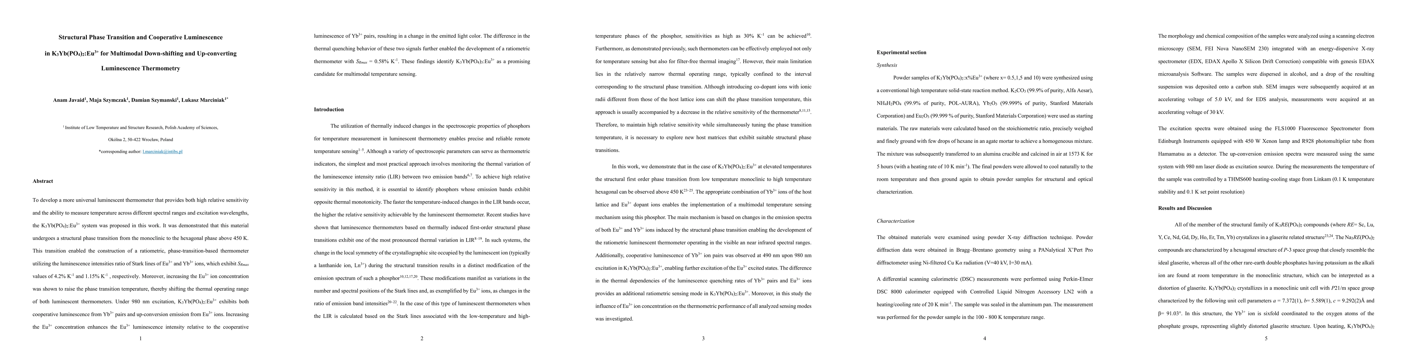 Thumbnail for Structural Phase Transition and Cooperative Luminescence in K3Yb(PO4)2:Eu3+ for Multimodal Down-shifting and Up-converting Luminescence Thermometry