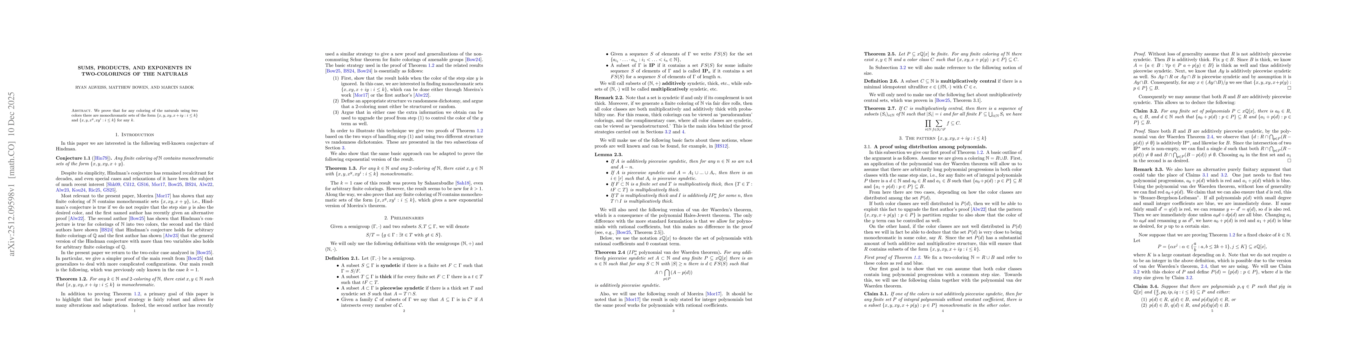 Thumbnail for Sums, products, and exponents in two-colorings of the naturals