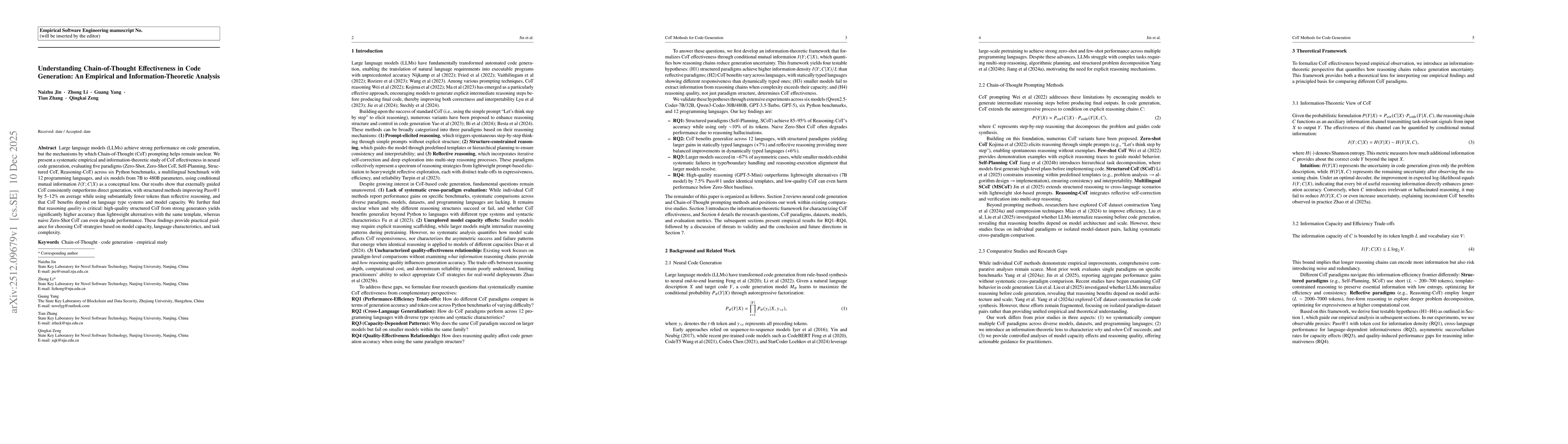 Thumbnail for Understanding Chain-of-Thought Effectiveness in Code Generation: An Empirical and Information-Theoretic Analysis