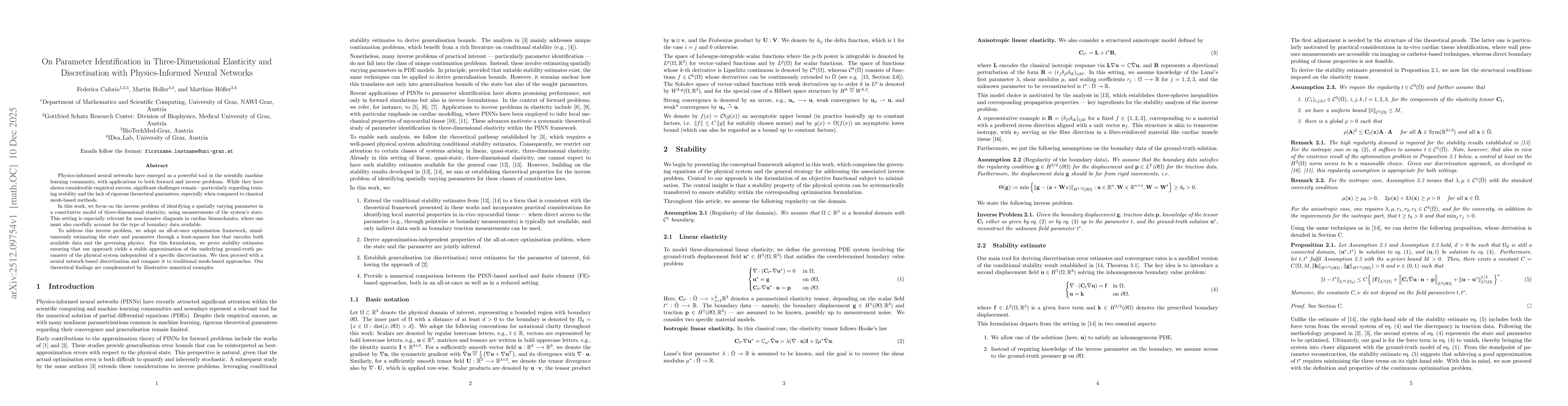 Thumbnail for On Parameter Identification in Three-Dimensional Elasticity and Discretisation with Physics-Informed Neural Networks