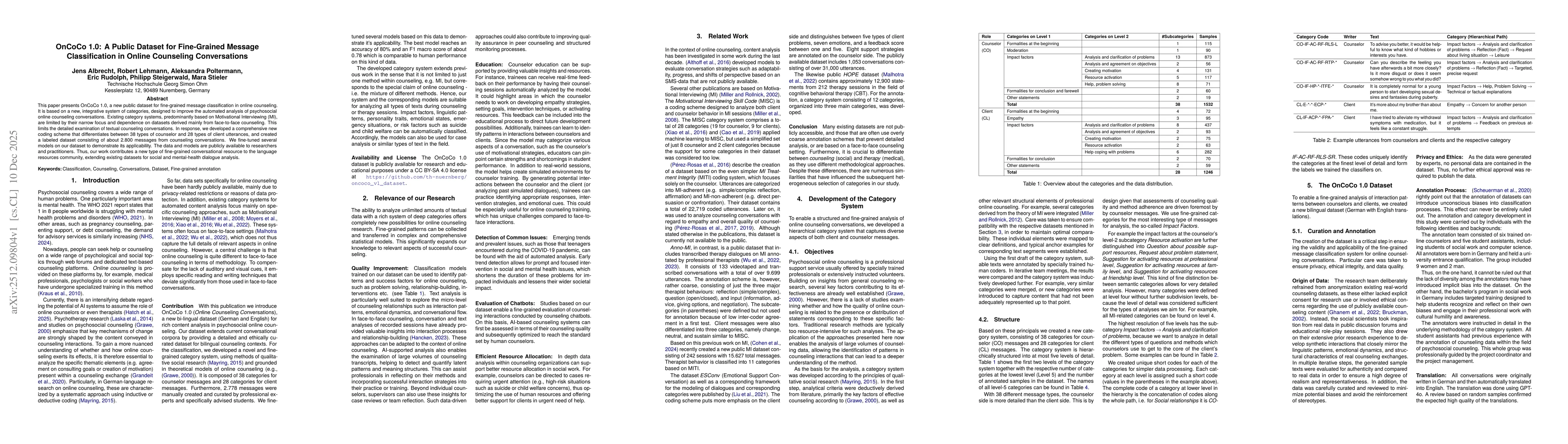 Thumbnail for OnCoCo 1.0: A Public Dataset for Fine-Grained Message Classification in Online Counseling Conversations