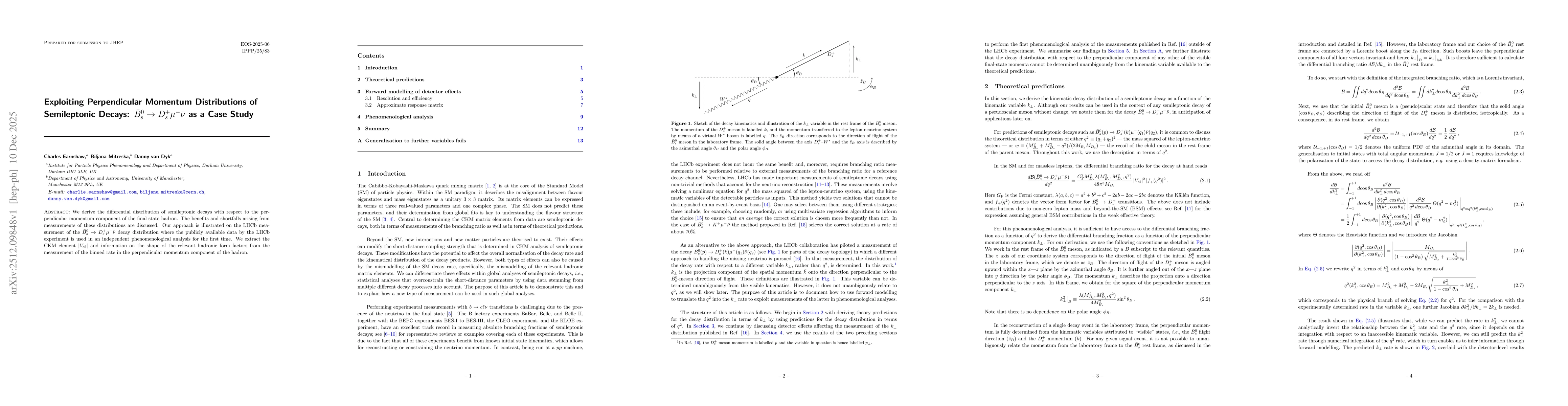 Thumbnail for Exploiting Perpendicular Momentum Distributions of Semileptonic Decays: $\bar{B}_s^0\to D_s^+μ^-\barν$ as a Case Study