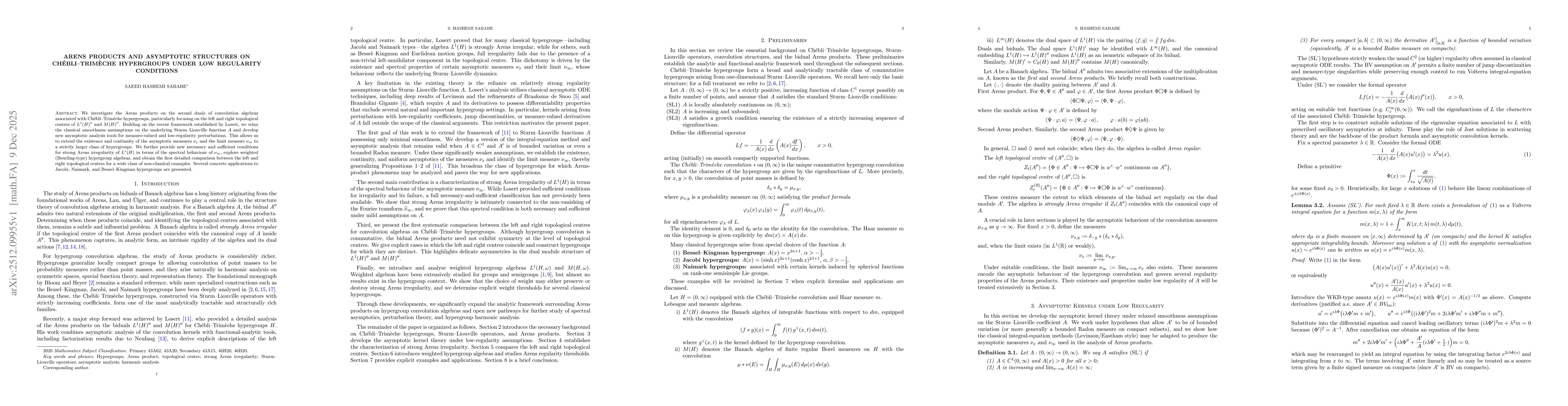 Thumbnail for Arens Products and Asymptotic Structures on Chébli-Trimèche Hypergroups under Low Regularity Conditions