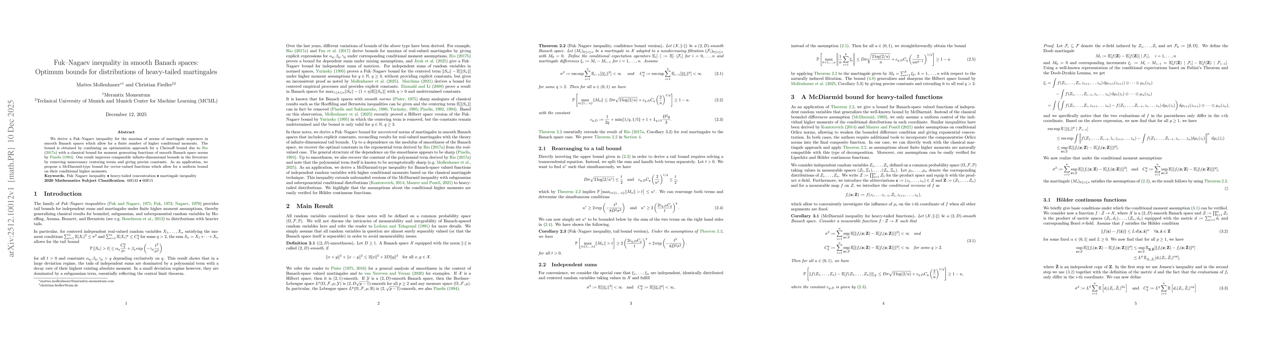 Thumbnail for Fuk-Nagaev inequality in smooth Banach spaces: Optimum bounds for distributions of heavy-tailed martingales