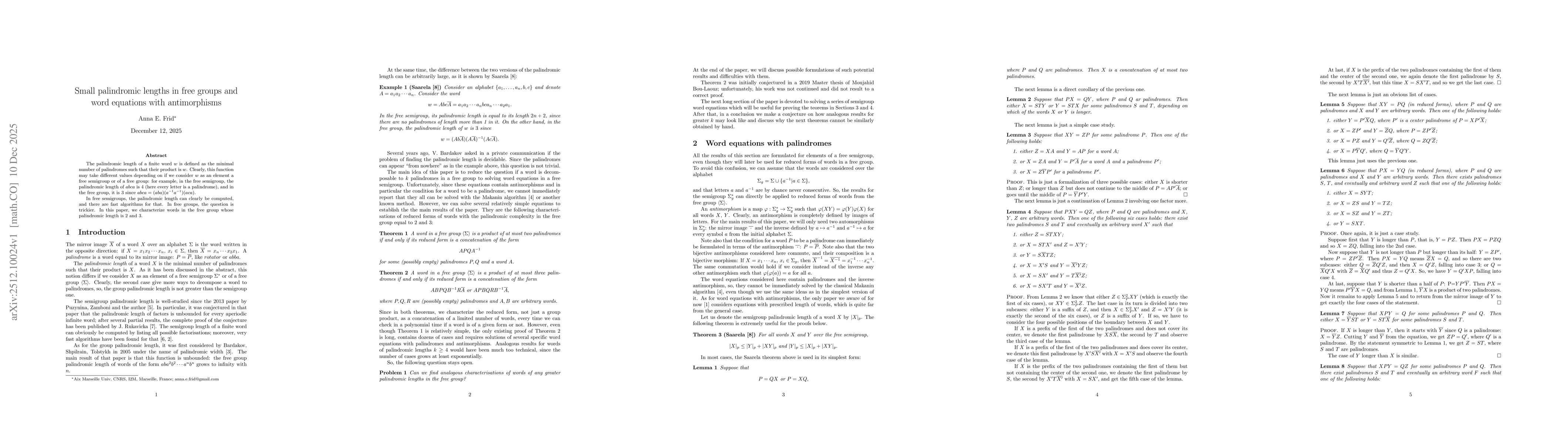 Thumbnail for Small palindromic lengths in free groups and word equations with antimorphisms