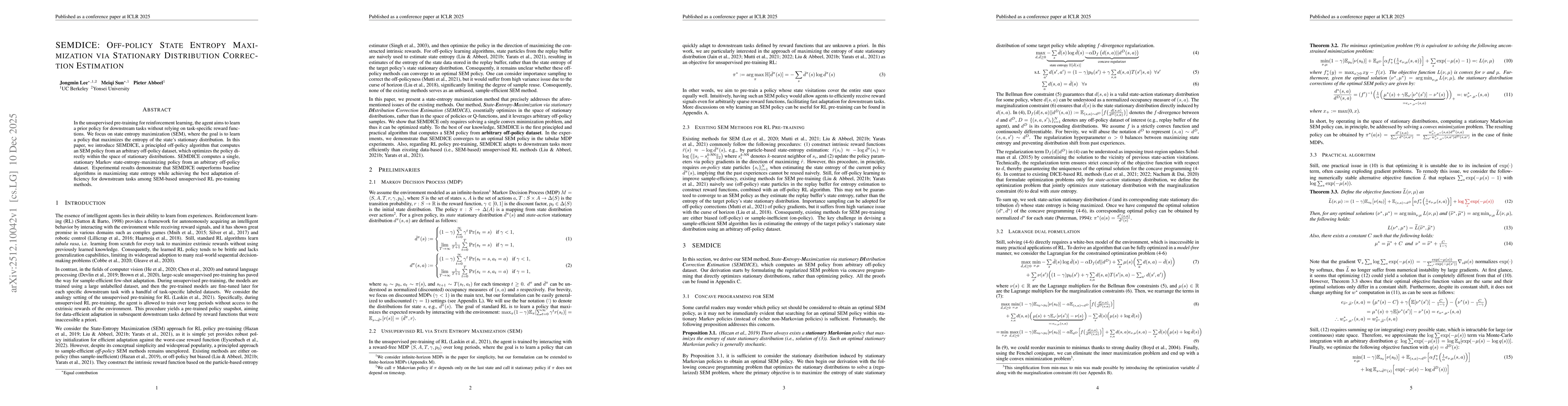 Thumbnail for SEMDICE: Off-policy State Entropy Maximization via Stationary Distribution Correction Estimation