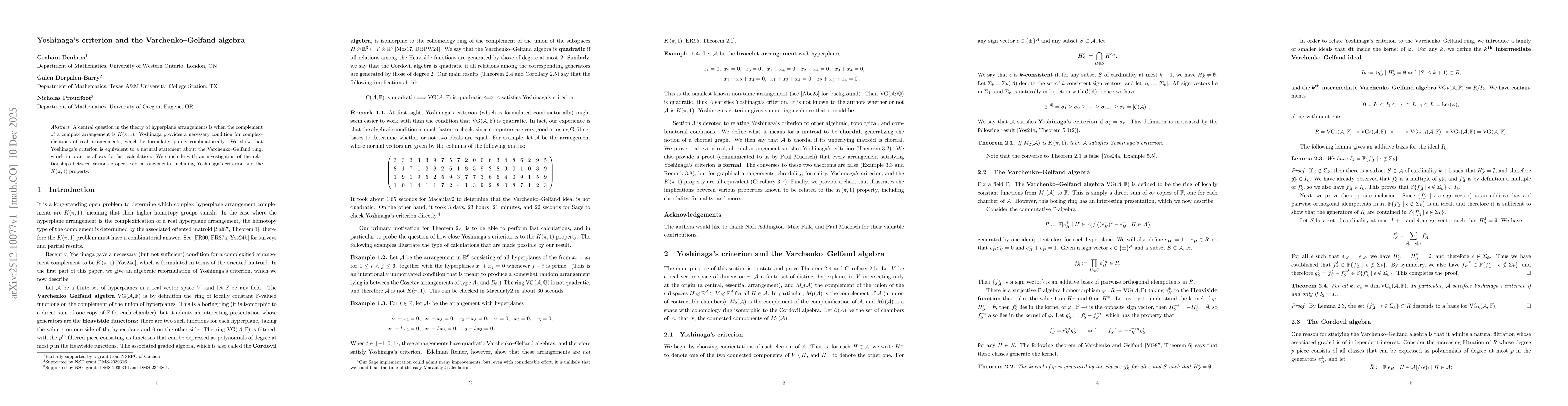Thumbnail for Yoshinaga's criterion and the Varchenko--Gelfand algebra