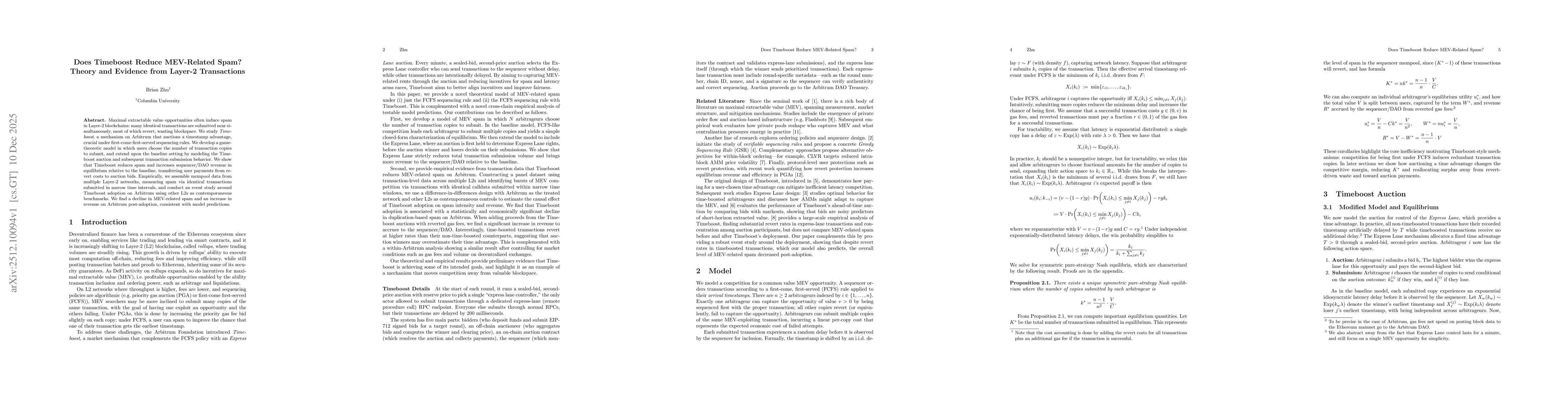 Thumbnail for Does Timeboost Reduce MEV-Related Spam? Theory and Evidence from Layer-2 Transactions