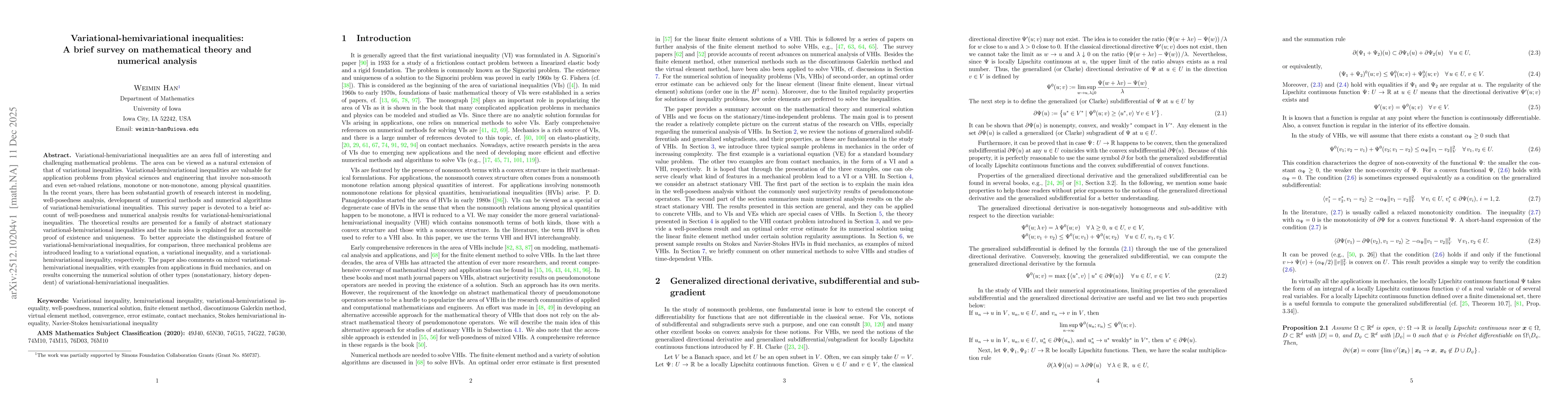 Thumbnail for Variational-hemivariational inequalities: A brief survey on mathematical theory and numerical analysis