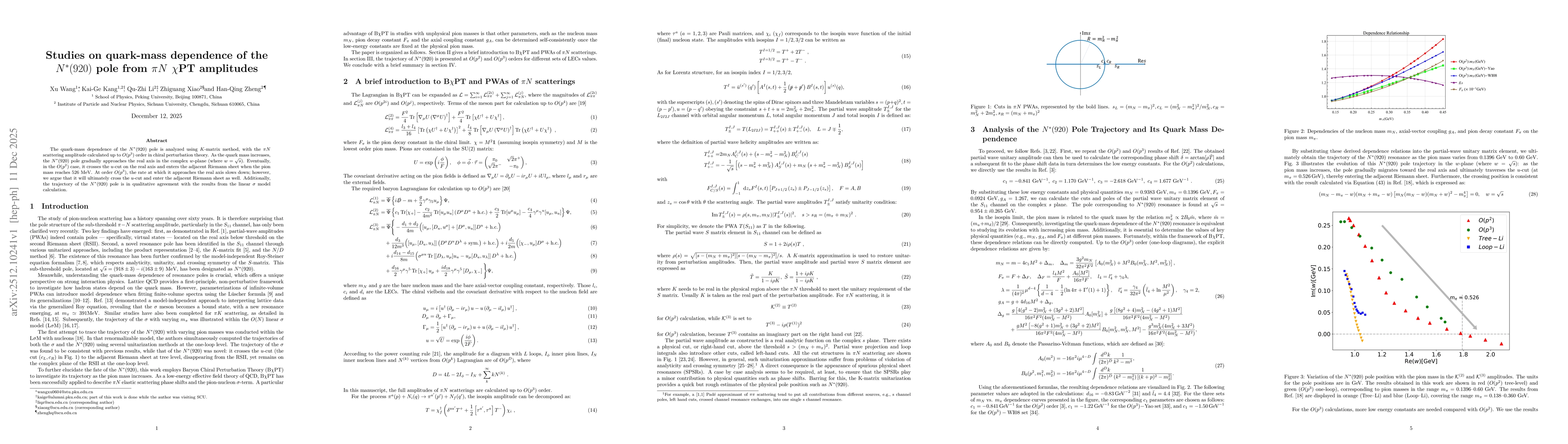 Thumbnail for Studies on quark-mass dependence of the $N^*(920)$ pole from $πN$ $χ$PT amplitudes