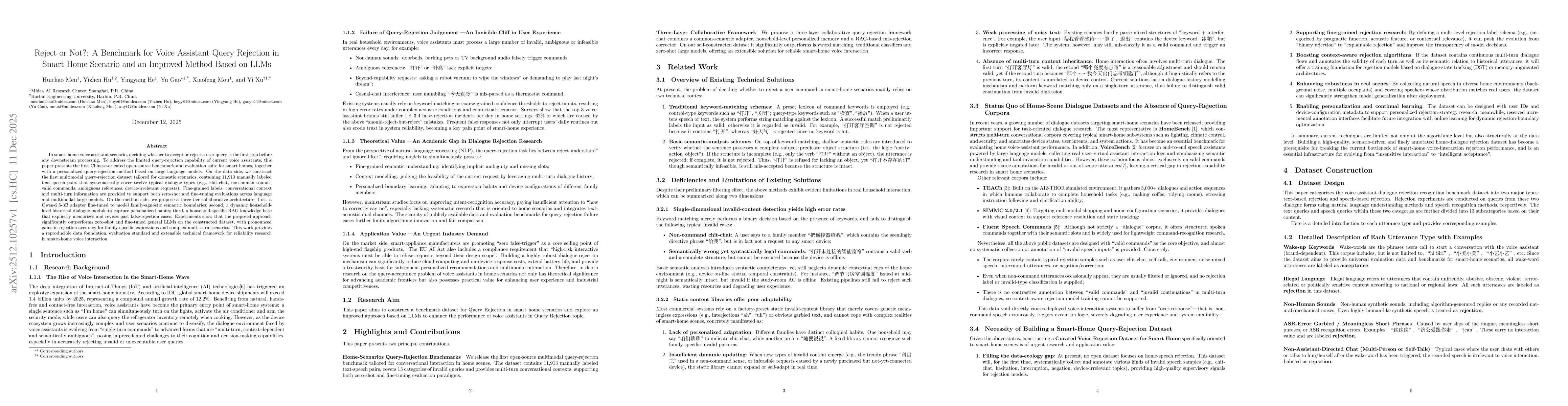 Thumbnail for Reject or Not?: A Benchmark for Voice Assistant Query Rejection in Smart Home Scenario and an Improved Method Based on LLMs