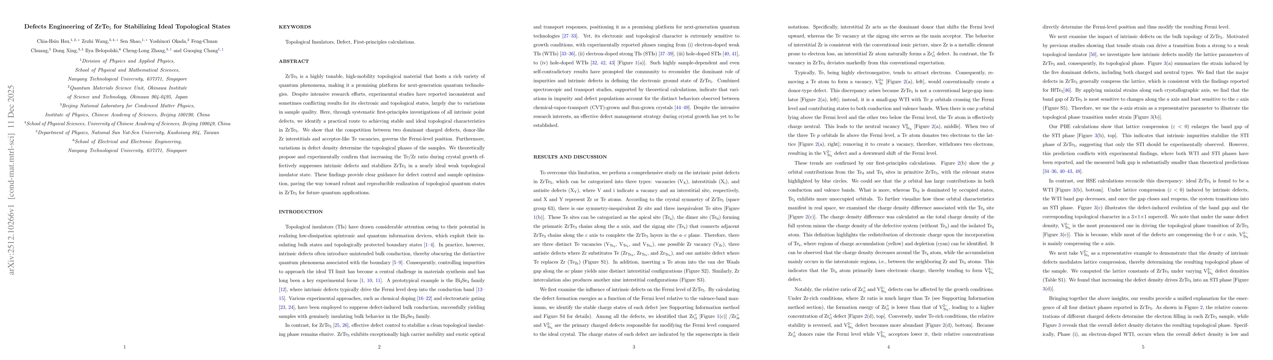 Thumbnail for Defects Engineering of ZrTe5 for Stabilizing Ideal Topological States