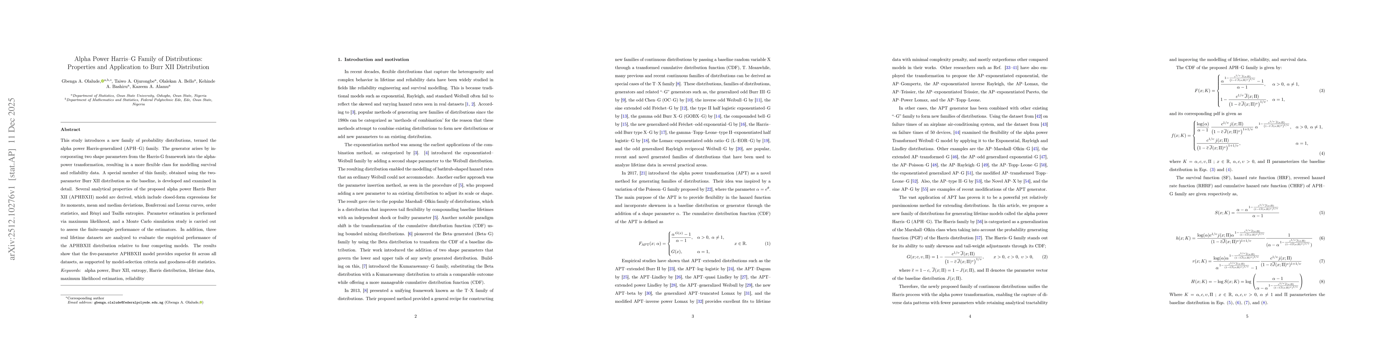 Thumbnail for Alpha Power Harris-G Family of Distributions: Properties and Application to Burr XII Distribution