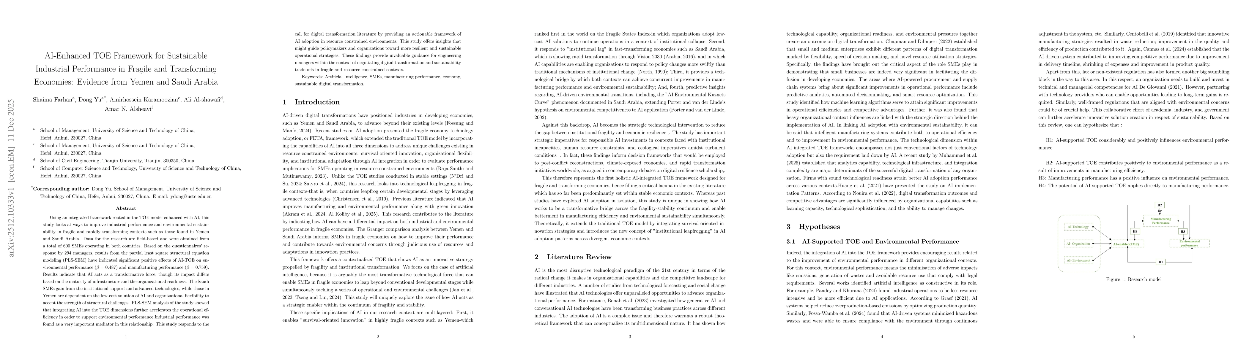 Thumbnail for AI-Enhanced TOE Framework for Sustainable Industrial Performance in Fragile and Transforming Economies: Evidence from Yemen and Saudi Arabia