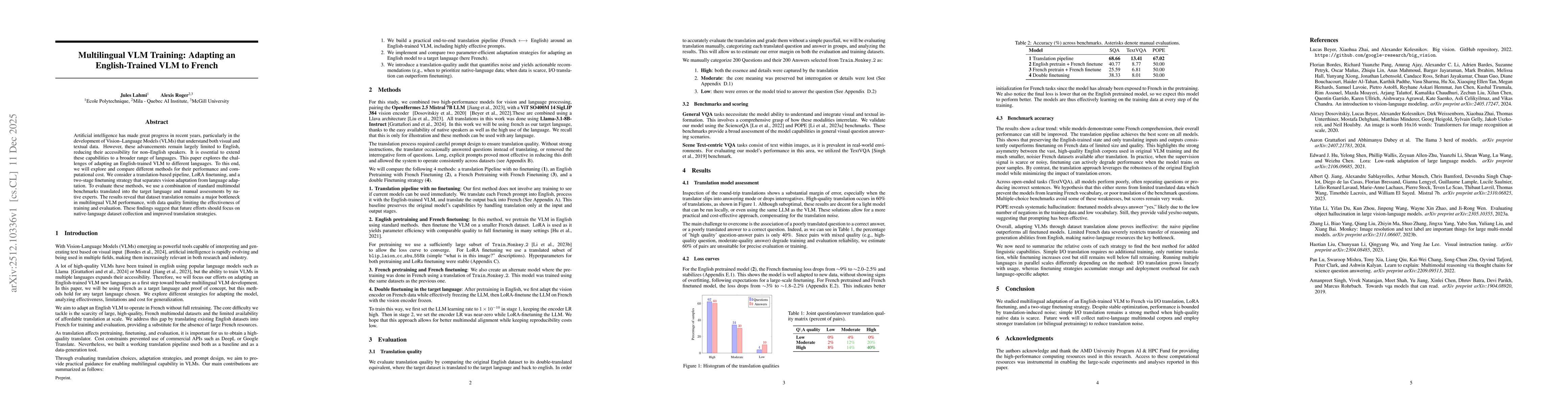 Thumbnail for Multilingual VLM Training: Adapting an English-Trained VLM to French