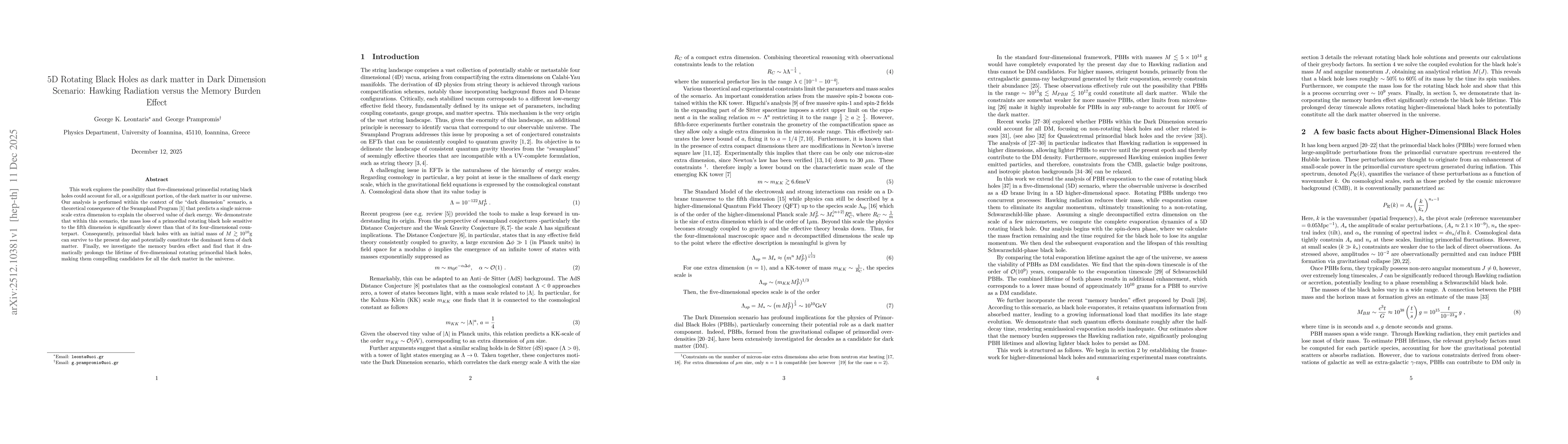 Thumbnail for 5D Rotating Black Holes as dark matter in Dark Dimension Scenario: Hawking Radiation versus the Memory Burden Effect