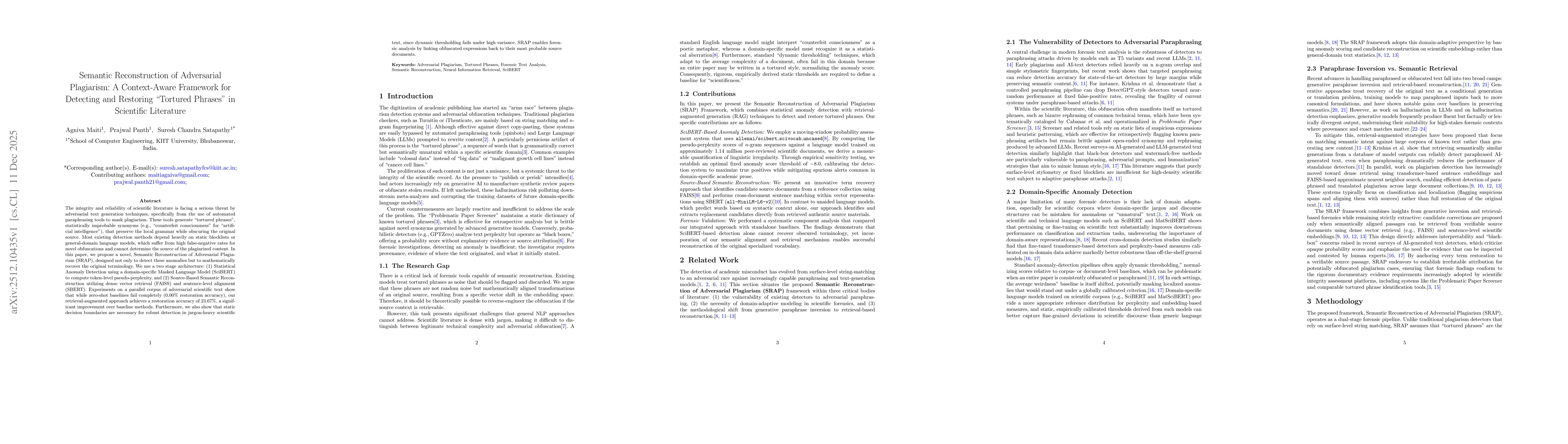 Thumbnail for Semantic Reconstruction of Adversarial Plagiarism: A Context-Aware Framework for Detecting and Restoring "Tortured Phrases" in Scientific Literature