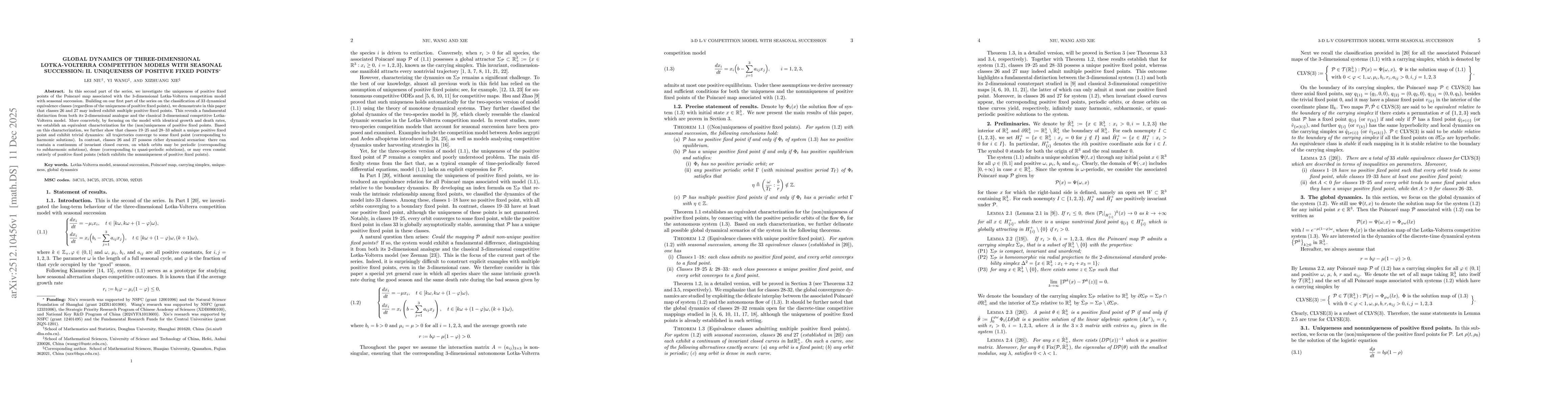 Thumbnail for Global dynamics of three-dimensional Lotka-Volterra competition models with seasonal succession: II. Uniqueness of positive fixed points