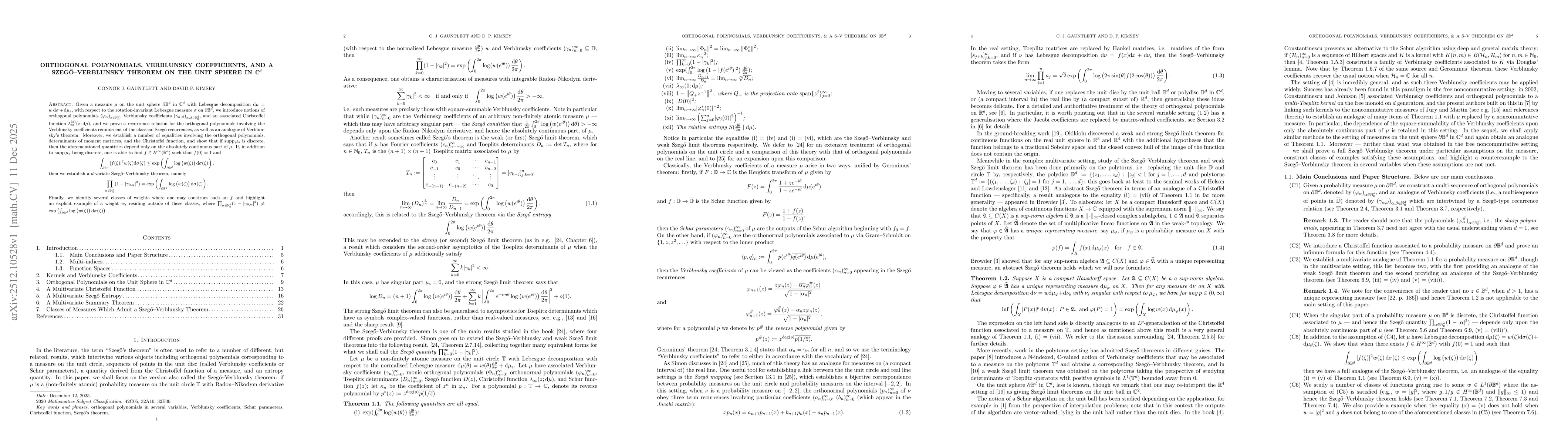 Thumbnail for Orthogonal Polynomials, Verblunsky Coefficients, and a Szegő-Verblunsky Theorem on the Unit Sphere in $\mathbb{C}^d$