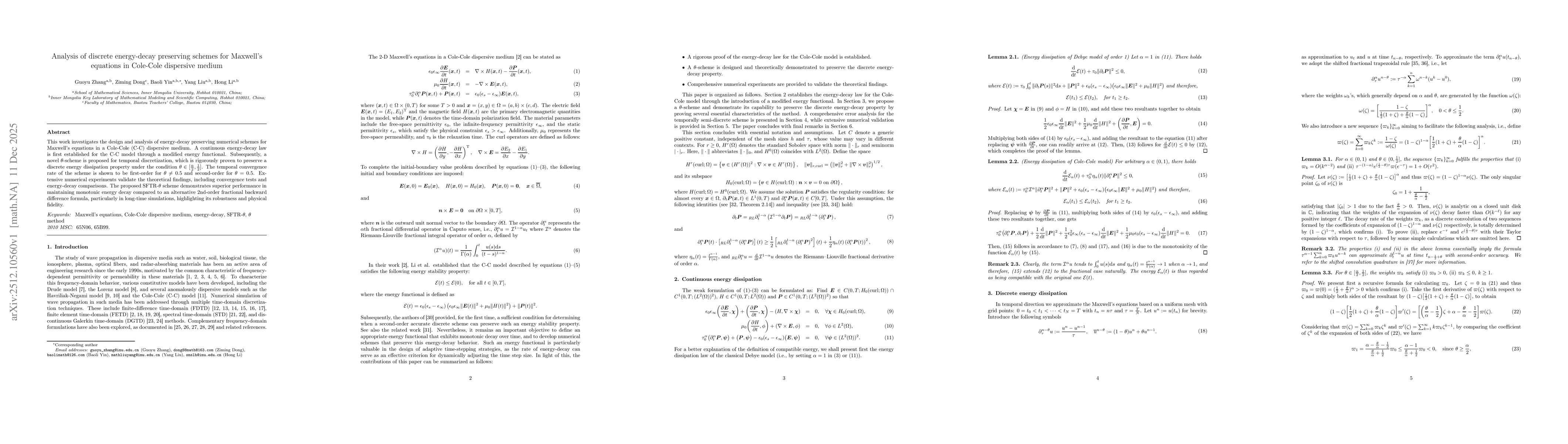 Thumbnail for Analysis of discrete energy-decay preserving schemes for Maxwell's equations in Cole-Cole dispersive medium