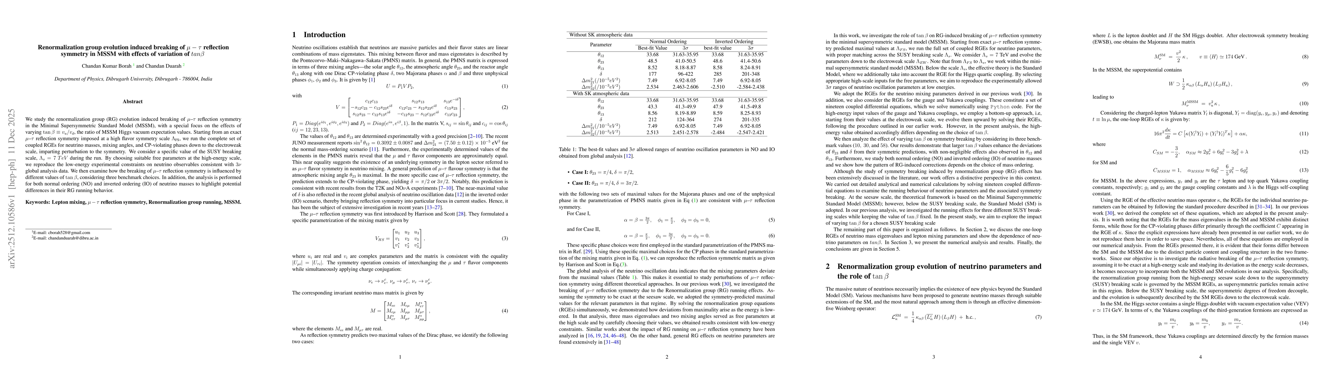 Thumbnail for Renormalization group evolution induced breaking of $μ-τ$ reflection symmetry in MSSM with effects of variation of $tanβ$