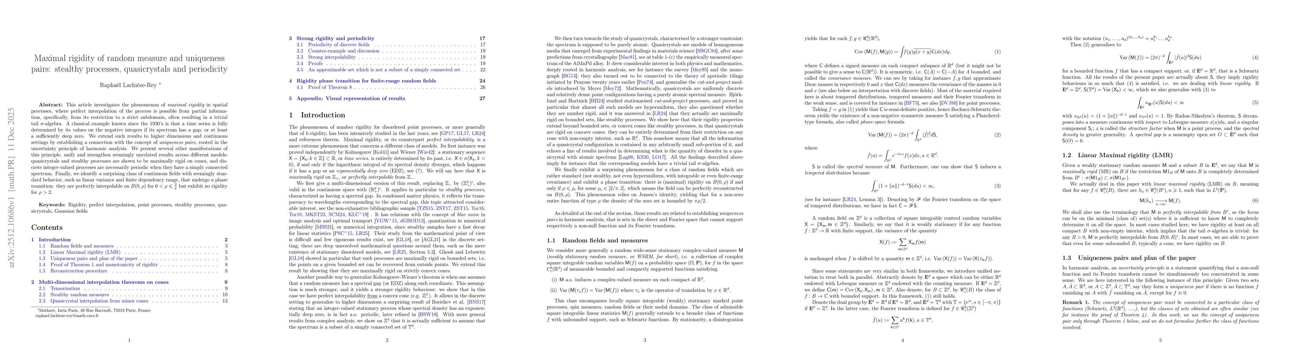 Thumbnail for Maximal rigidity of random measure and uniqueness pairs: stealthy processes, quasicrystals and periodicity