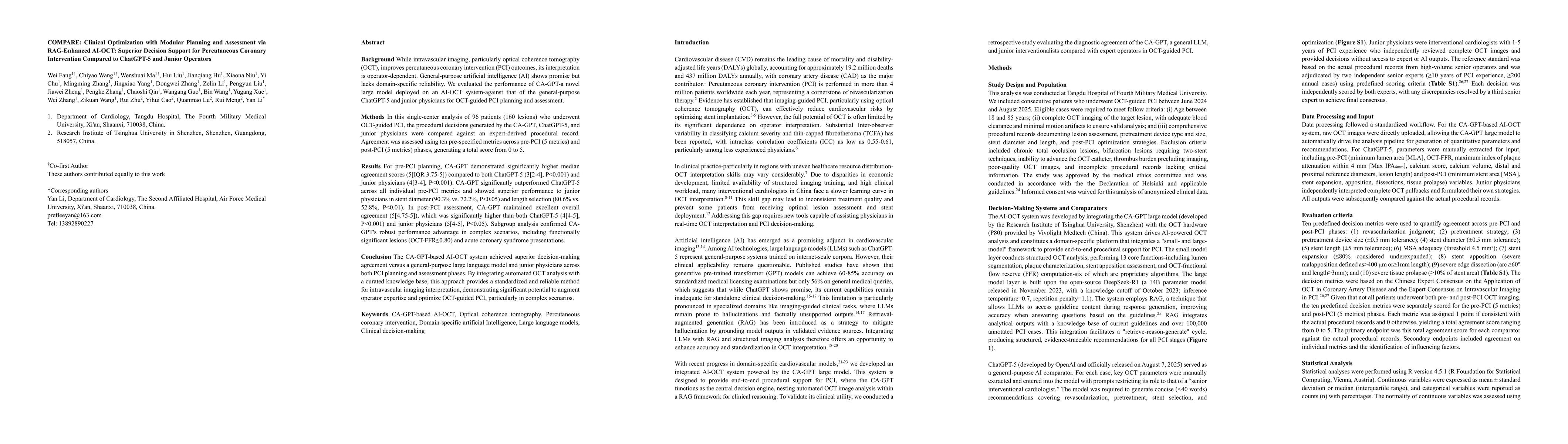 Thumbnail for COMPARE: Clinical Optimization with Modular Planning and Assessment via RAG-Enhanced AI-OCT: Superior Decision Support for Percutaneous Coronary Intervention Compared to ChatGPT-5 and Junior Operators