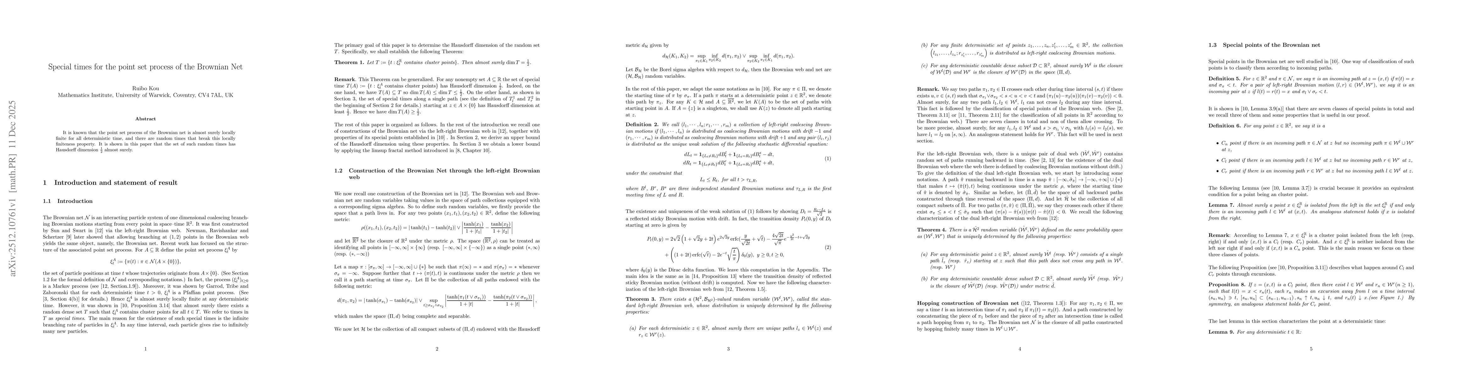 Thumbnail for Special times for the point set process of the Brownian Net