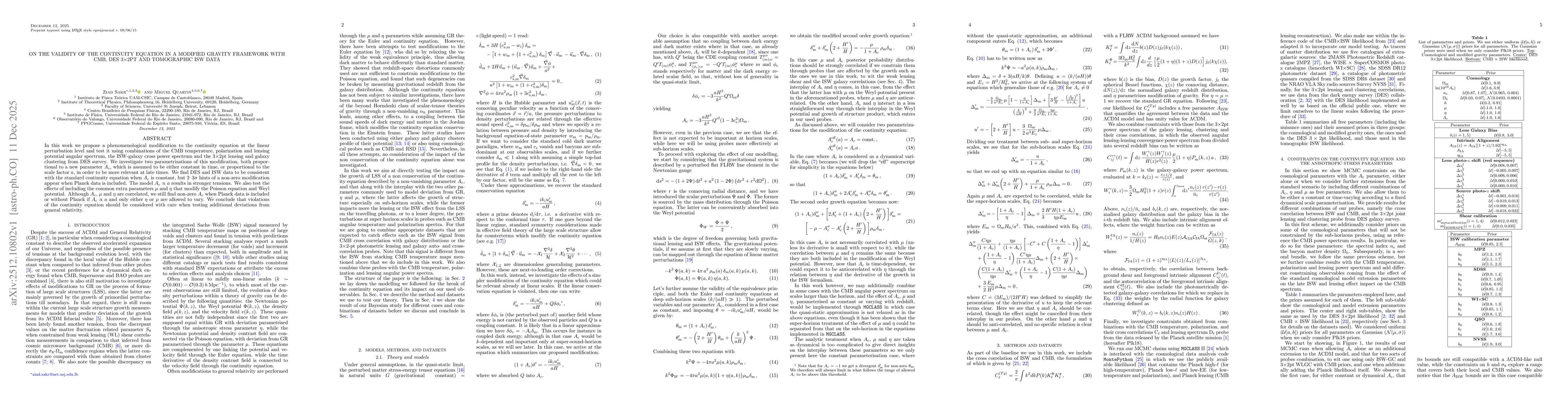 Thumbnail for On the validity of the continuity equation in a modified gravity framework with CMB, DES 3x2pt and tomographic ISW data