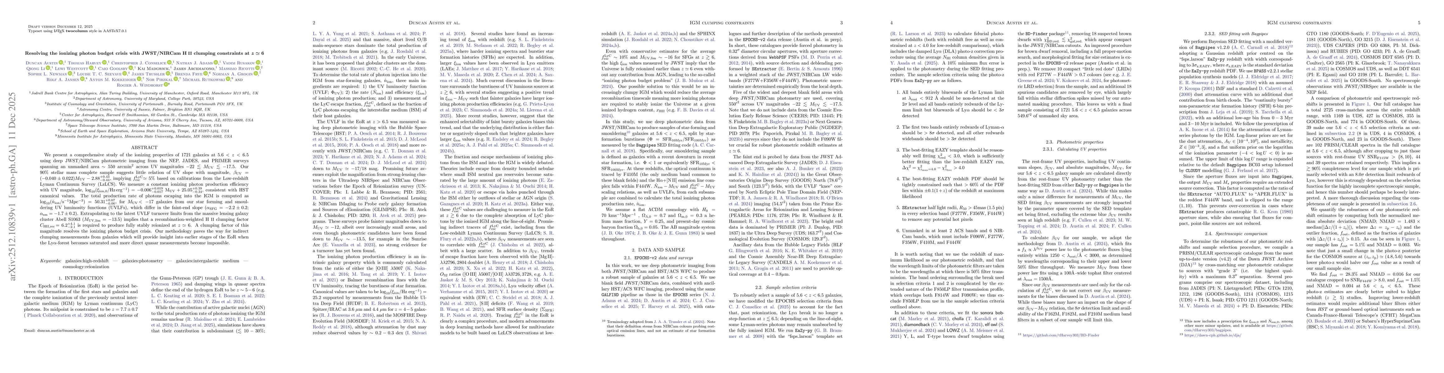 Thumbnail for Resolving the ionizing photon budget crisis with JWST/NIRCam HII clumping constraints at z=6