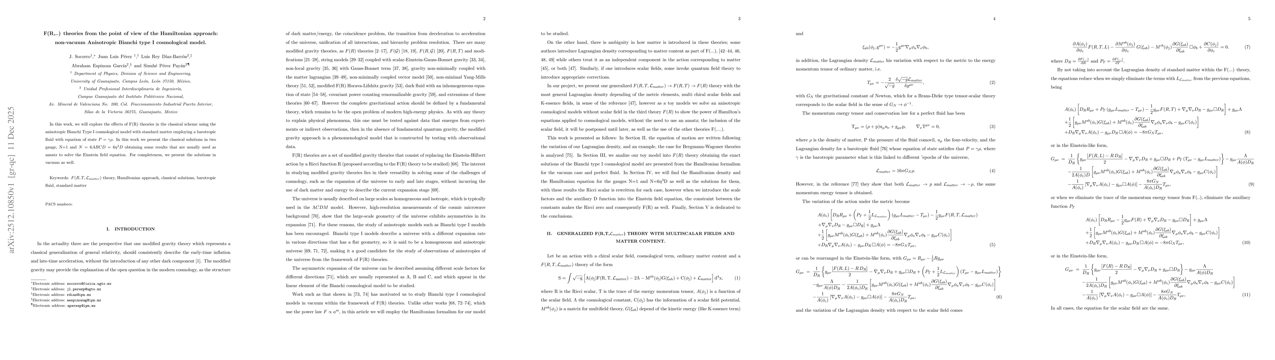 Thumbnail for F(R,..) theories from the point of view of the Hamiltonian approach: non-vacuum Anisotropic Bianchi type I cosmological model
