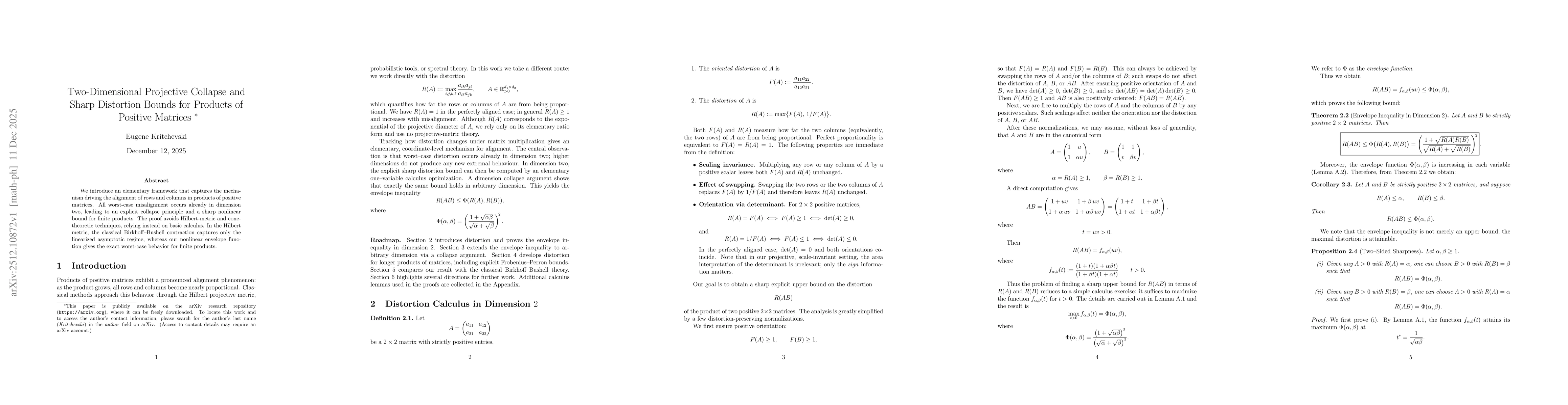 Thumbnail for Two-Dimensional Projective Collapse and Sharp Distortion Bounds for Products of Positive Matrices