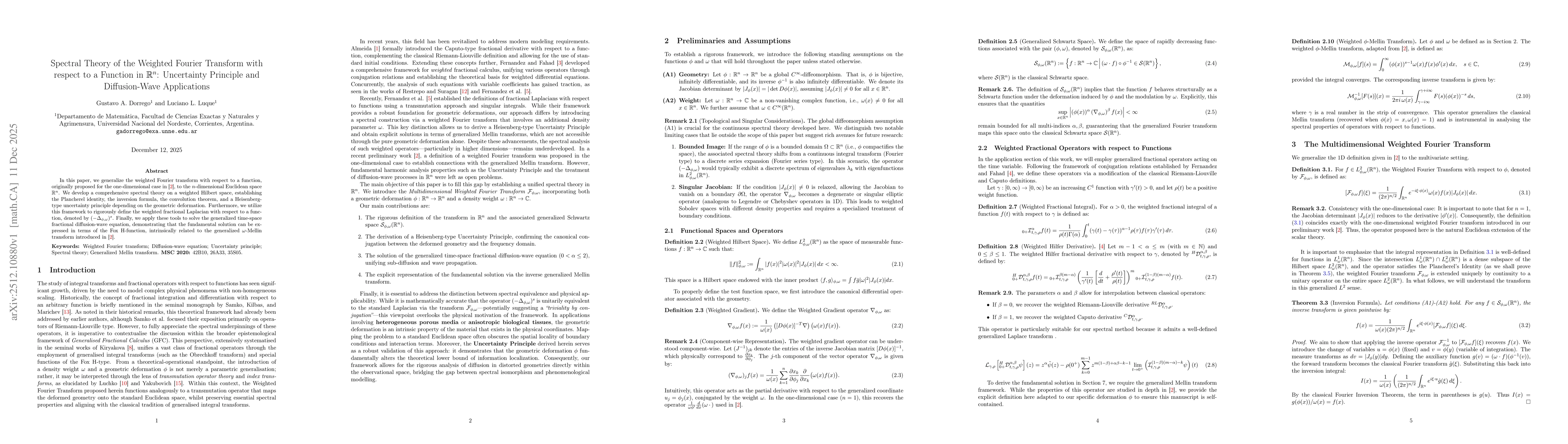 Thumbnail for Spectral Theory of the Weighted Fourier Transform with respect to a Function in $\mathbb{R}^n$: Uncertainty Principle and Diffusion-Wave Applications