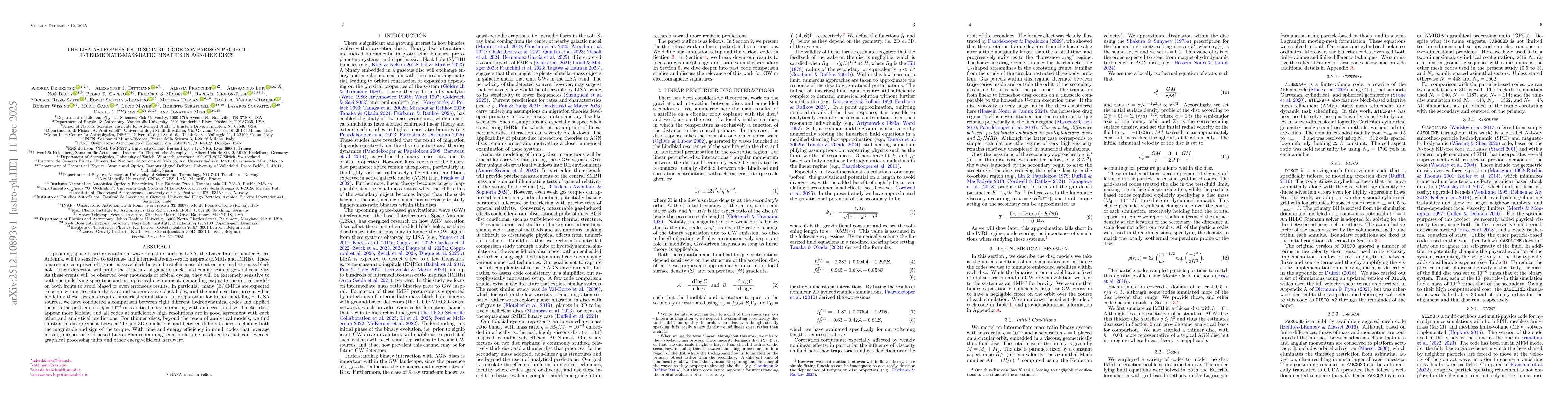 Thumbnail for The LISA Astrophysics "Disc-IMRI" Code Comparison Project: Intermediate-Mass-Ratio Binaries in AGN-Like Discs