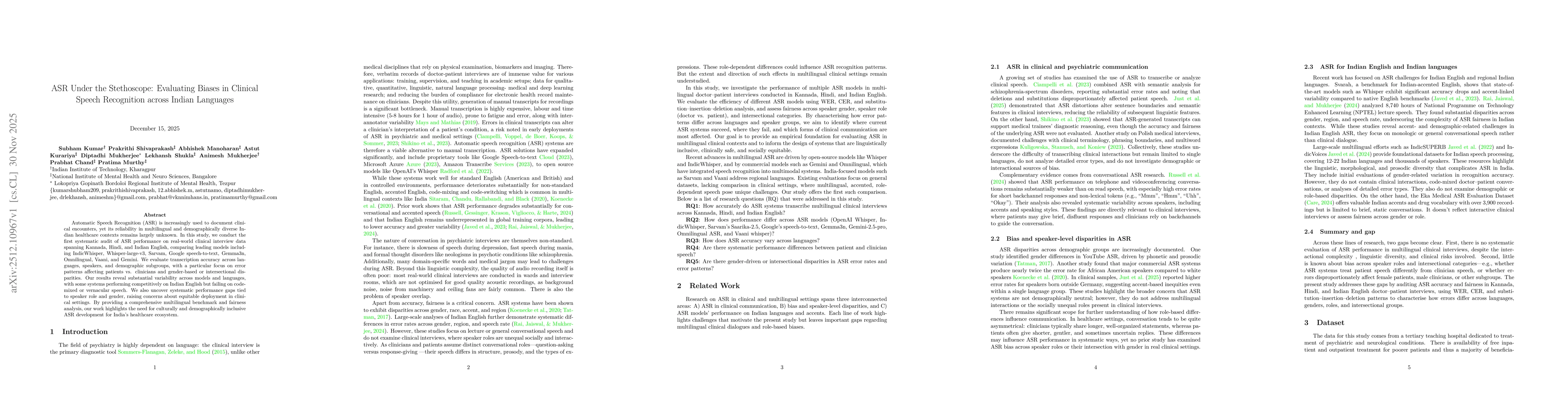 Thumbnail for ASR Under the Stethoscope: Evaluating Biases in Clinical Speech Recognition across Indian Languages