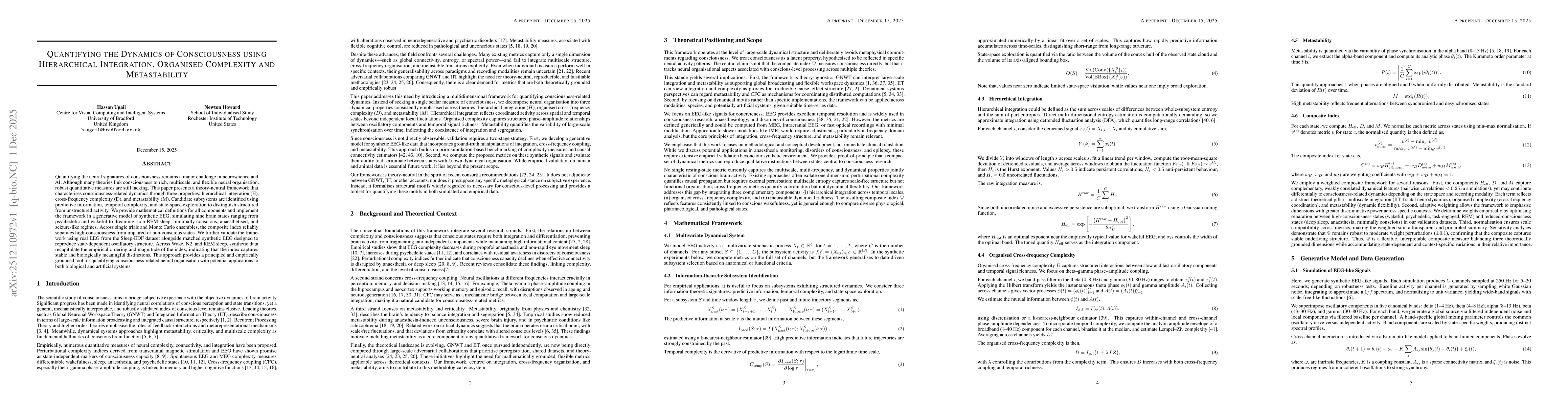 Thumbnail for Quantifying the Dynamics of Consciousness using Hierarchical Integration, Organised Complexity and Metastability