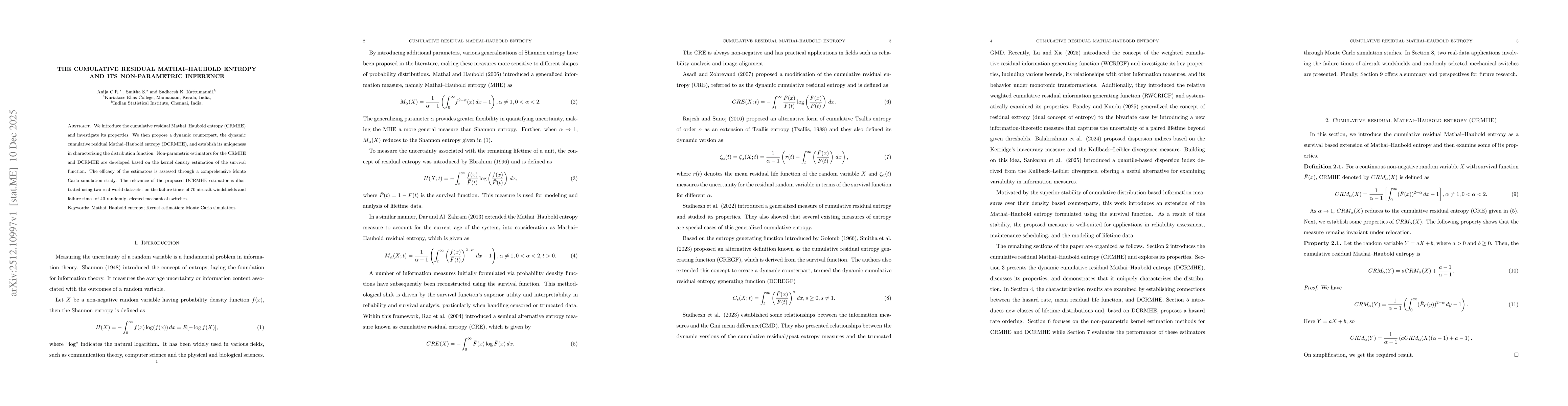 Thumbnail for The Cumulative Residual Mathai--Haubold Entropy and its Non-parametric Inference