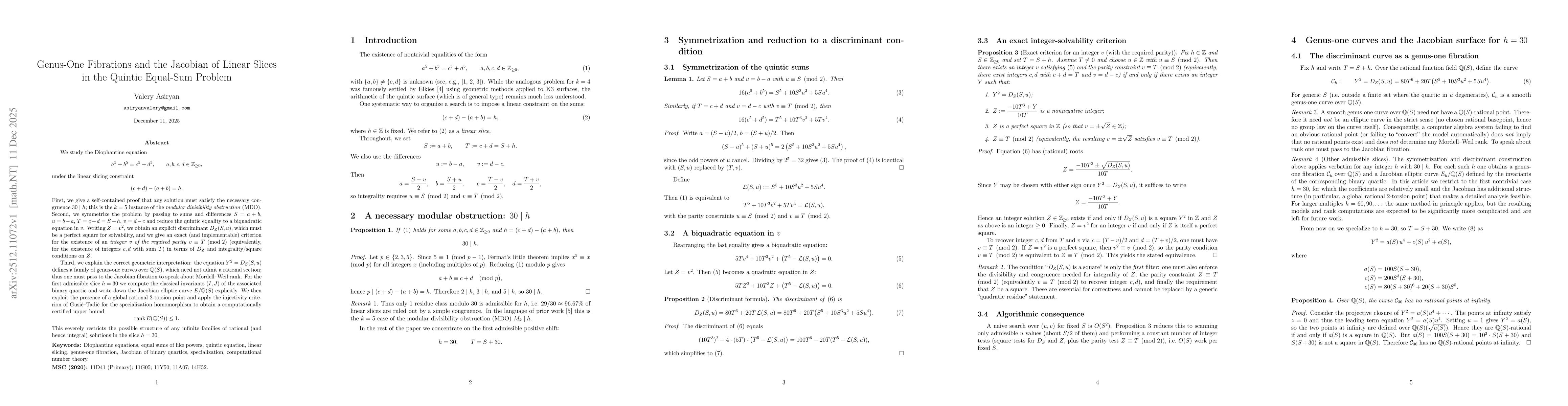 Thumbnail for Genus-One Fibrations and the Jacobian of Linear Slices in the Quintic Equal-Sum Problem