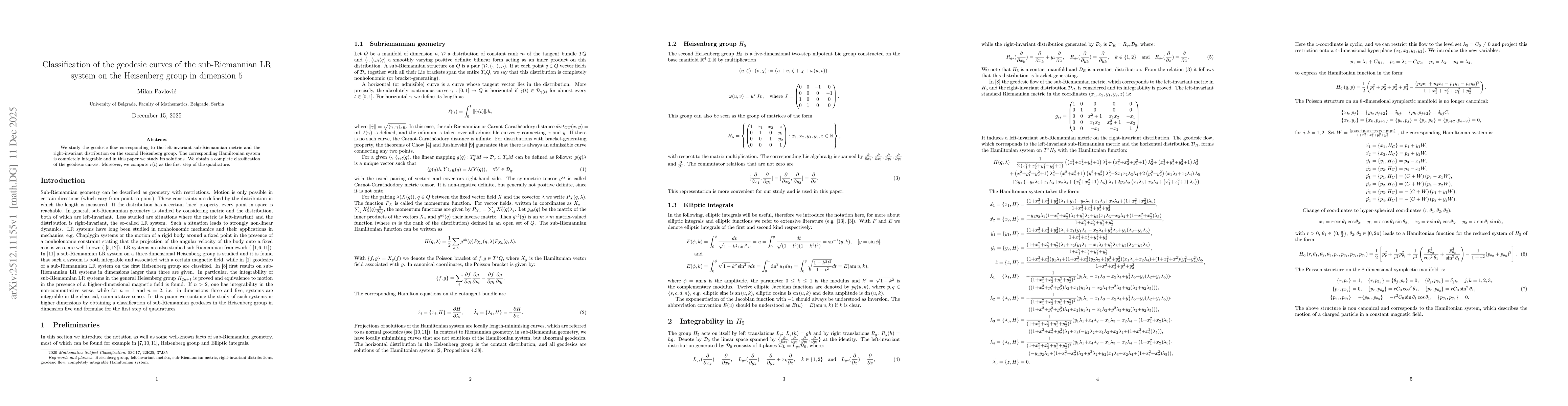 Thumbnail for Classification of the geodesic curves of the sub-Riemannian LR system on the Heisenberg group in dimension 5