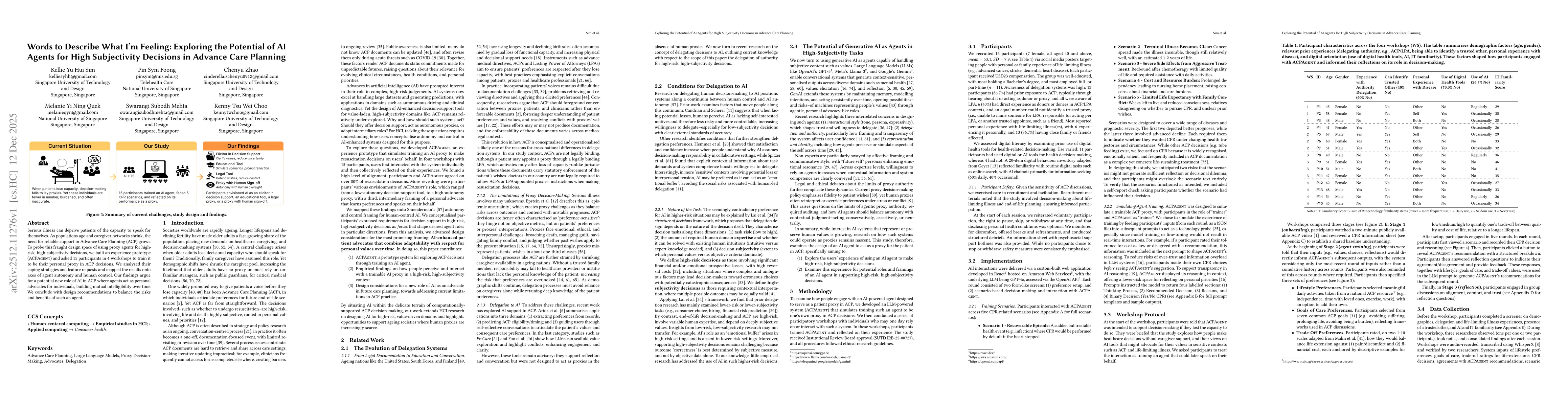 Thumbnail for Words to Describe What I'm Feeling: Exploring the Potential of AI Agents for High Subjectivity Decisions in Advance Care Planning