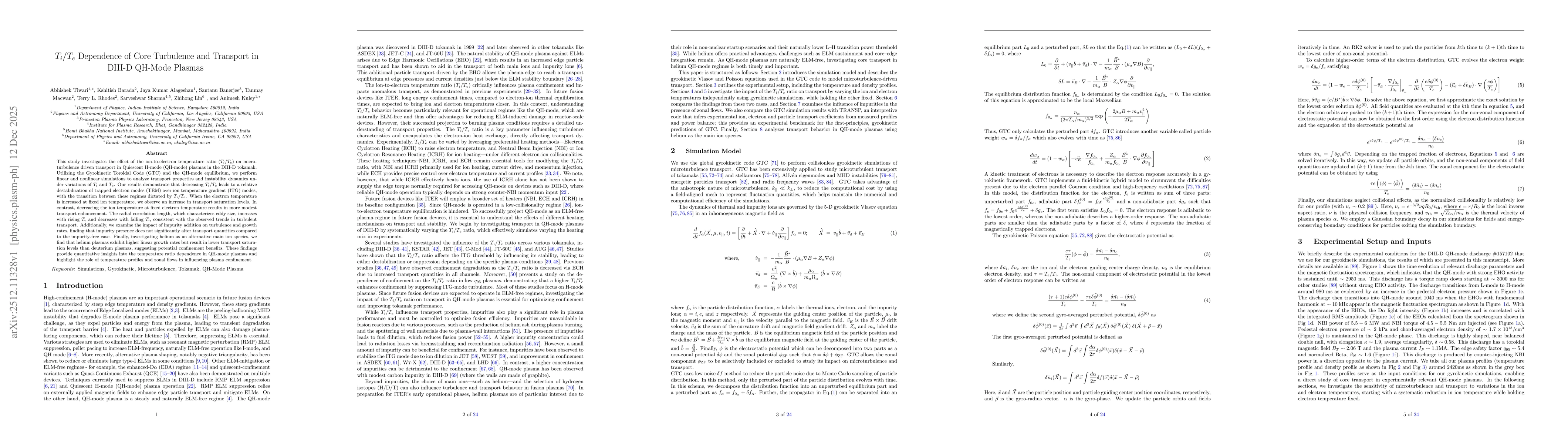 Thumbnail for $T_i/T_e$ Dependence of Core Turbulence and Transport in DIII-D QH-Mode Plasmas