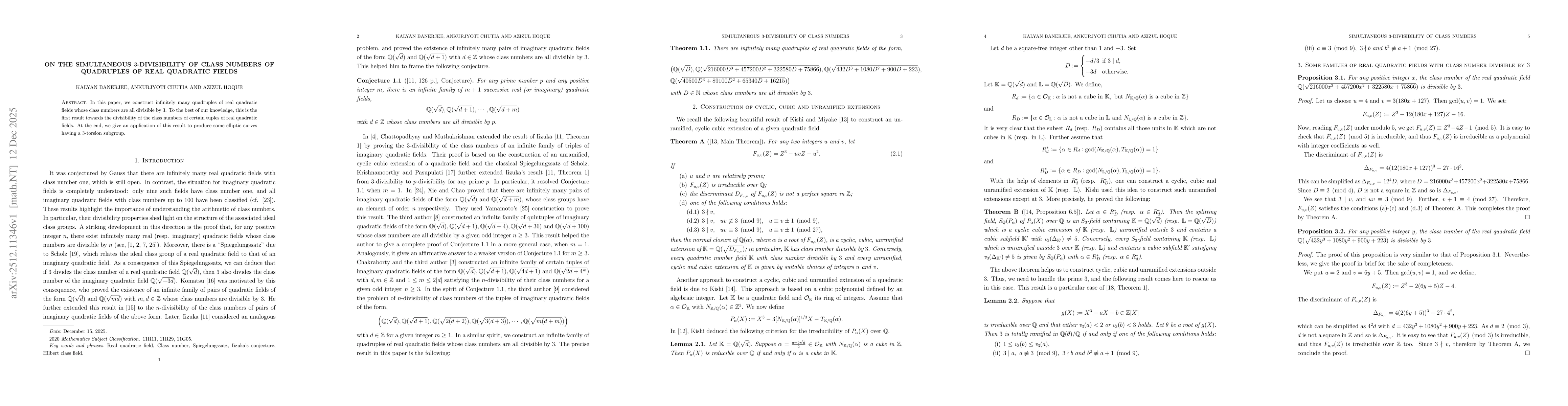 Thumbnail for On the simultaneous $3$-divisibility of class numbers of quadruples of real quadratic fields
