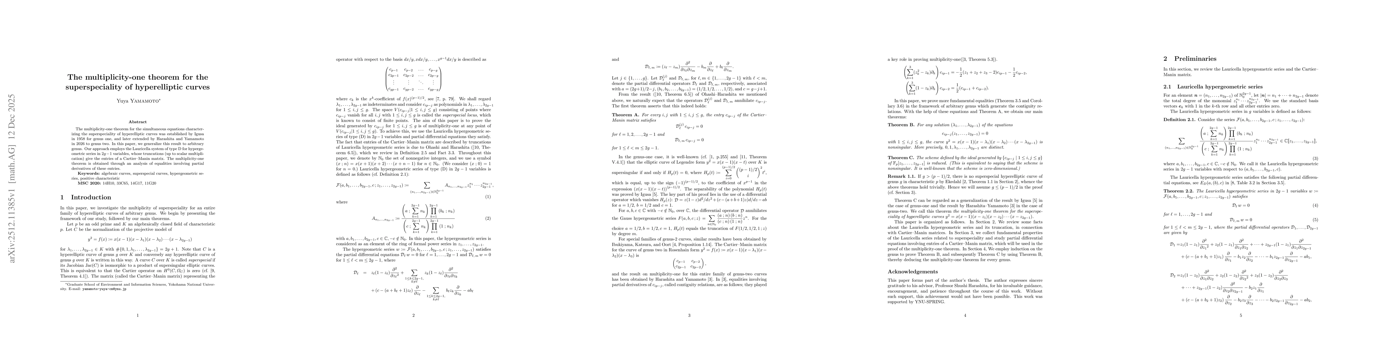 Thumbnail for The multiplicity-one theorem for the superspeciality of hyperelliptic curves