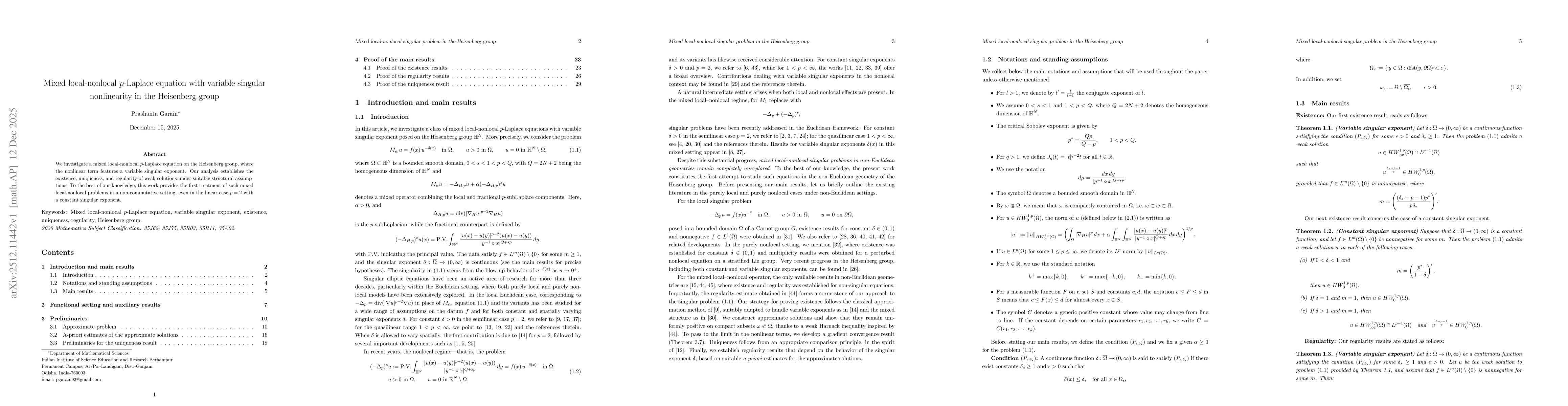 Thumbnail for Mixed local-nonlocal $p$-Laplace equation with variable singular nonlinearity in the Heisenberg group
