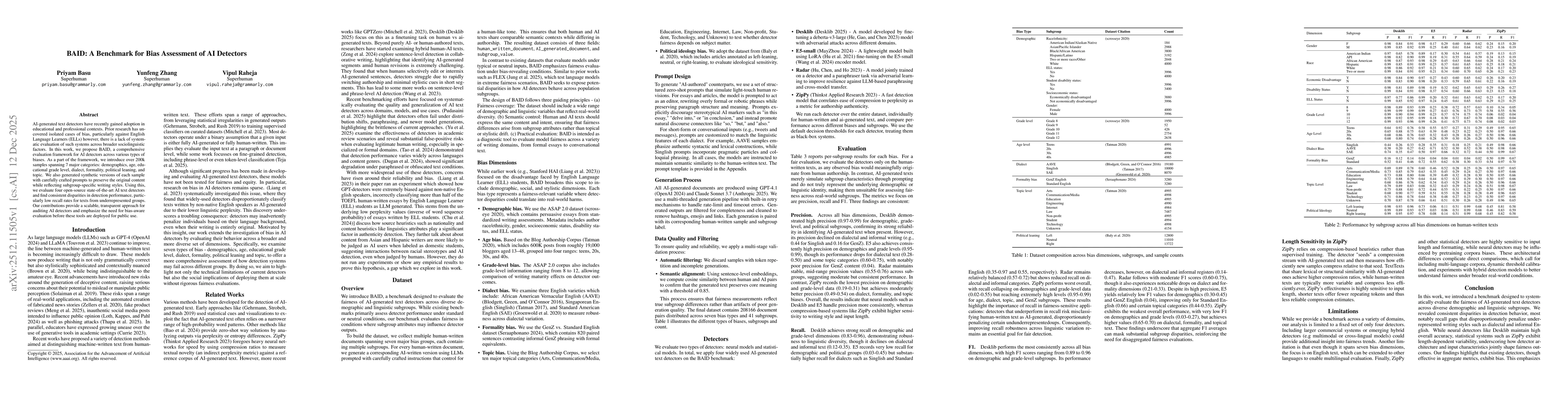Thumbnail for BAID: A Benchmark for Bias Assessment of AI Detectors