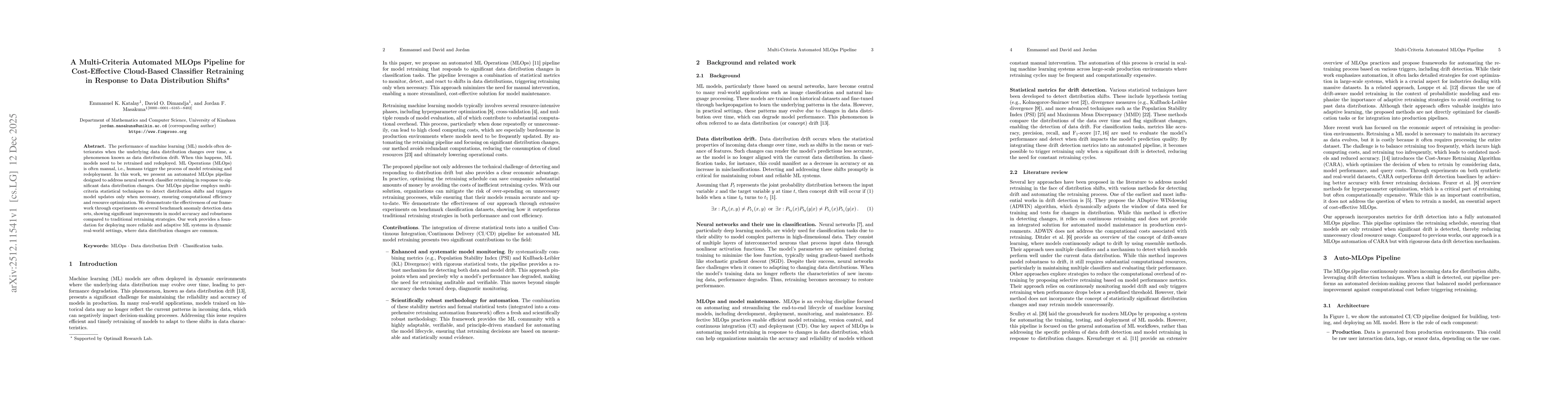 Thumbnail for A Multi-Criteria Automated MLOps Pipeline for Cost-Effective Cloud-Based Classifier Retraining in Response to Data Distribution Shifts
