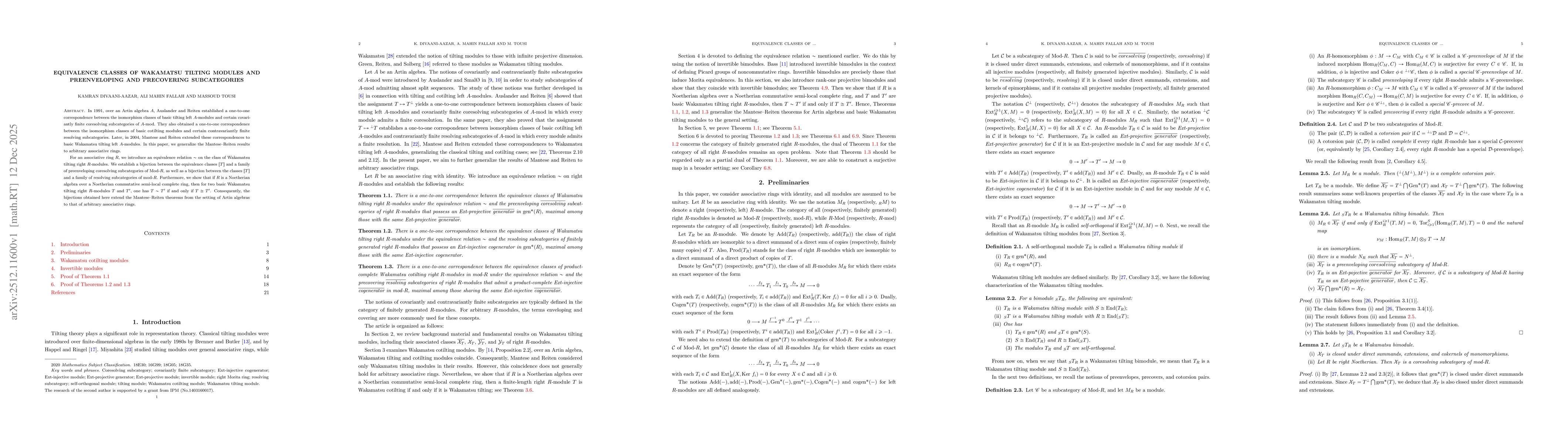 Thumbnail for Equivalence classes of Wakamatsu tilting modules and preenveloping and precovering subcategories